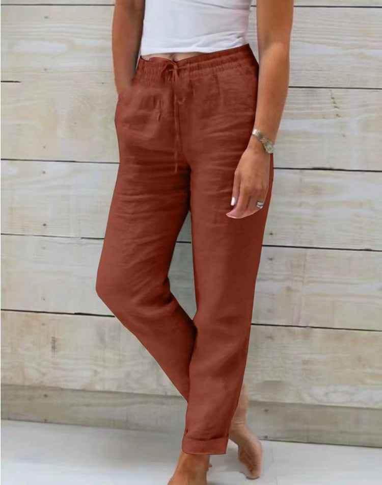 Women's Elastic Waist Solid Color Cotton Pants - GiFTiFY