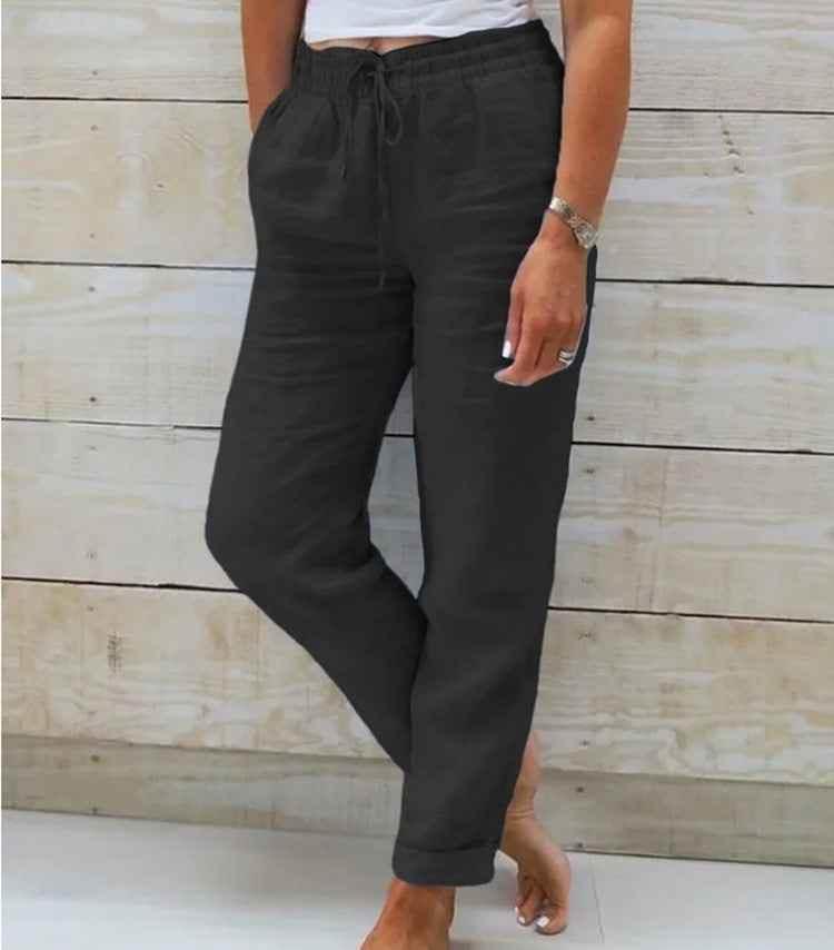 Women's Elastic Waist Solid Color Cotton Pants - GiFTiFY