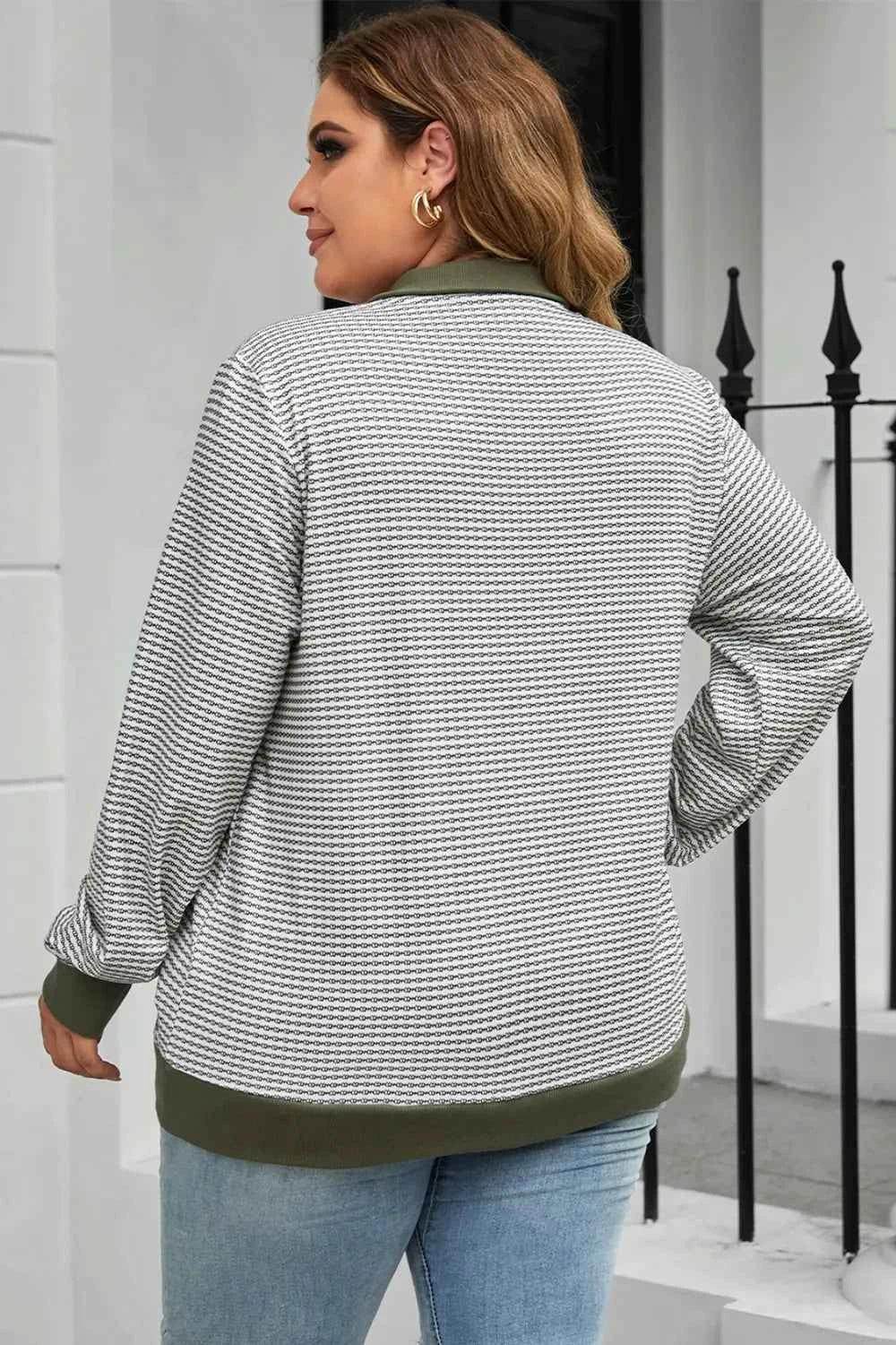 Plus Size Striped Half Snap Long Sleeve Blouse - GiFTiFY