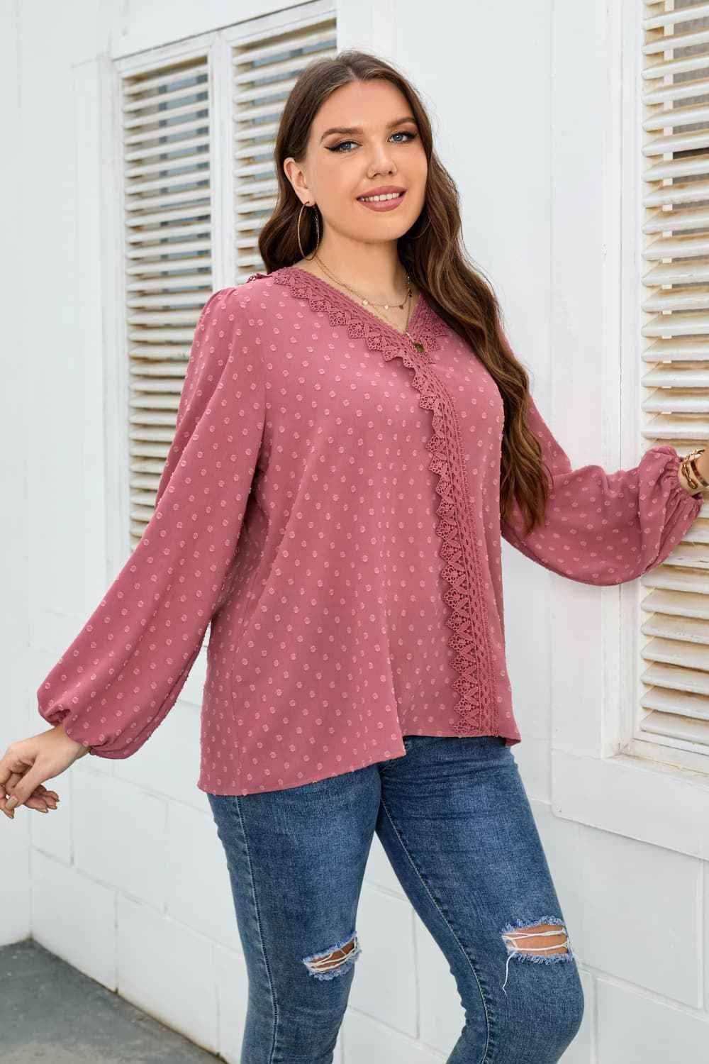 Honey Melo Apparel Plus Size Lace Trim V-Neck Balloon Sleeve Blouse - GiFTiFY