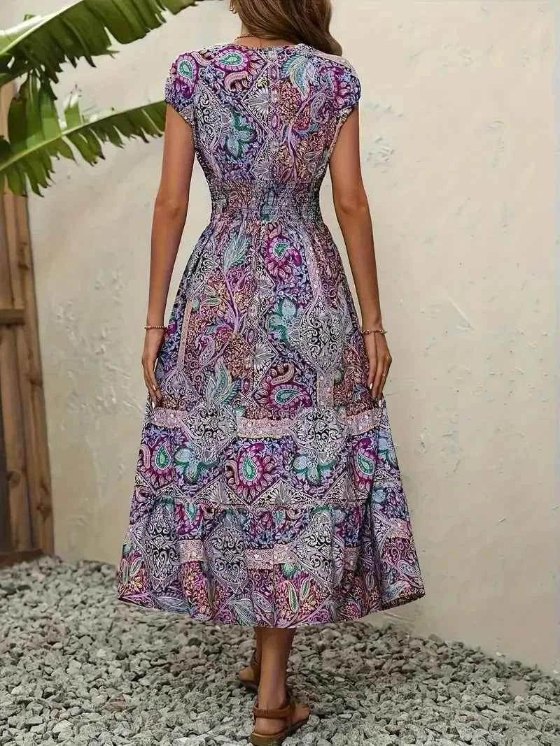 Plus Size Printed V-Neck Short Sleeve Midi Dress - GiFTiFY