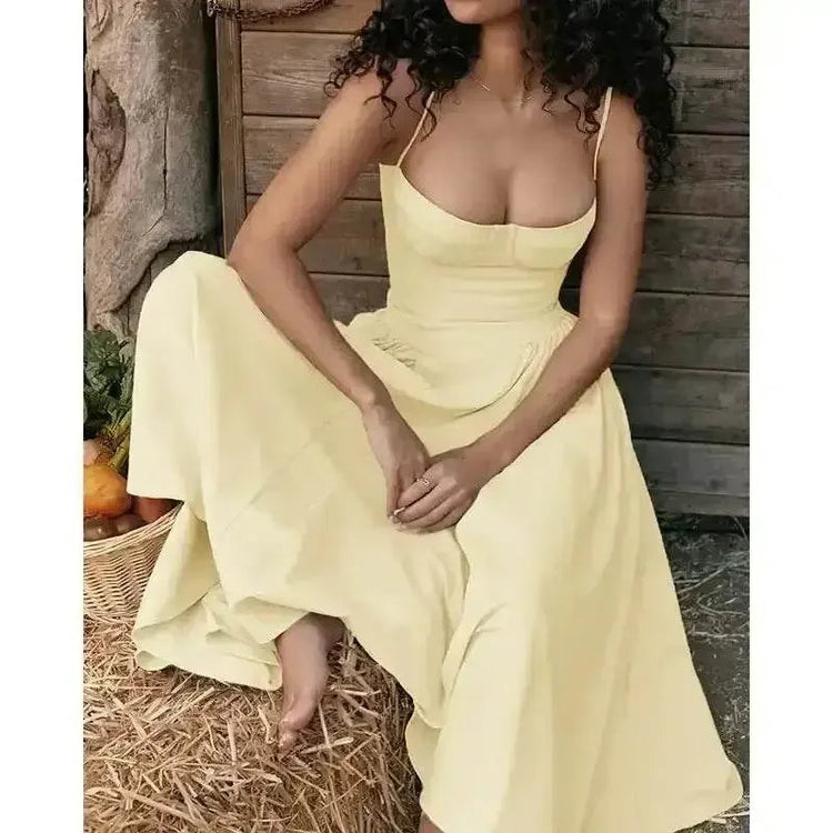 Elegant Spaghetti Strap Midi Dress Women Party Slim A Line Solid Suspender Lady Dresses New Spring Summer Fashion Sexy Vestidos - GiFTiFY