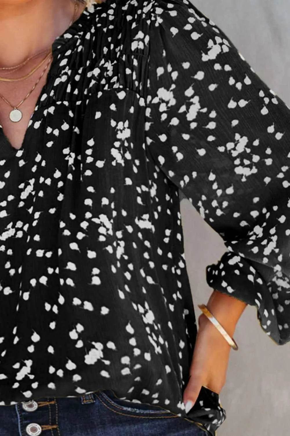 Plus Size Notched Neck Smocked Blouse - GiFTiFY