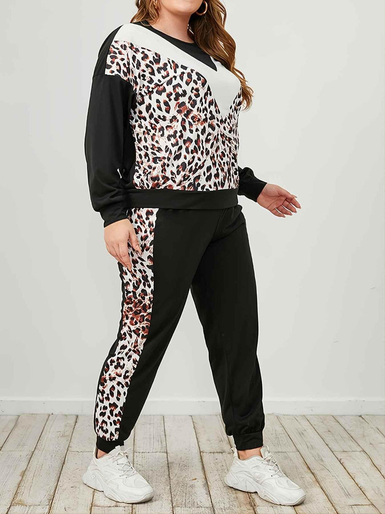 Plus Size Leopard Sweatshirt and Sweatpants Set - GiFTiFY