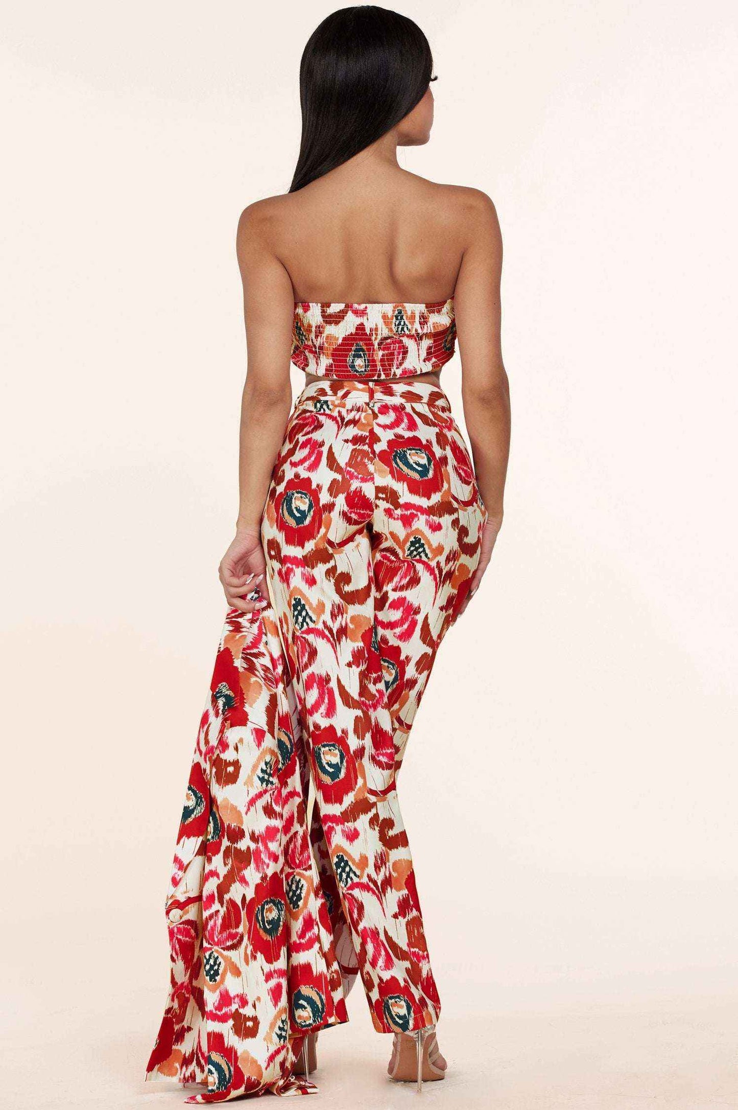 Fasheabe 3pc Flower Print Bandeau Top Pants Set