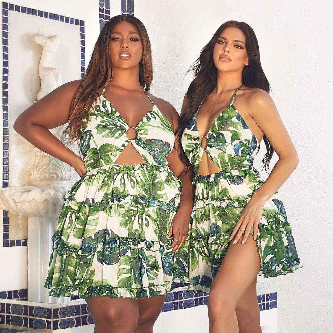 Fasheabe Leaf Print O-ring Mini Dress - Plus Size