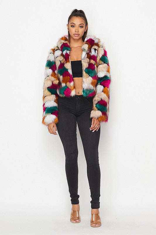 Fasheabe Multicolor Faux Fur Hooded Jacket With Front Zipper