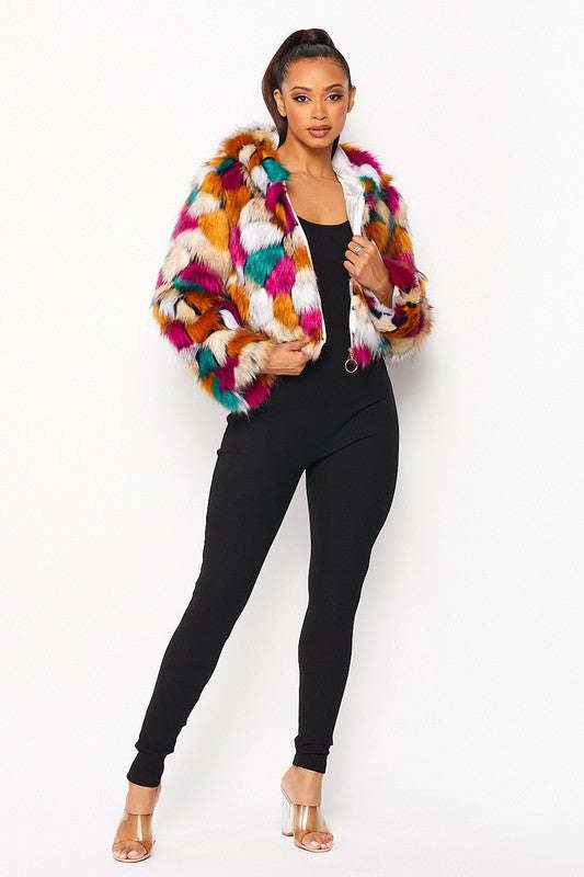 Fasheabe Multicolor Faux Fur Hooded Jacket With Front Zipper