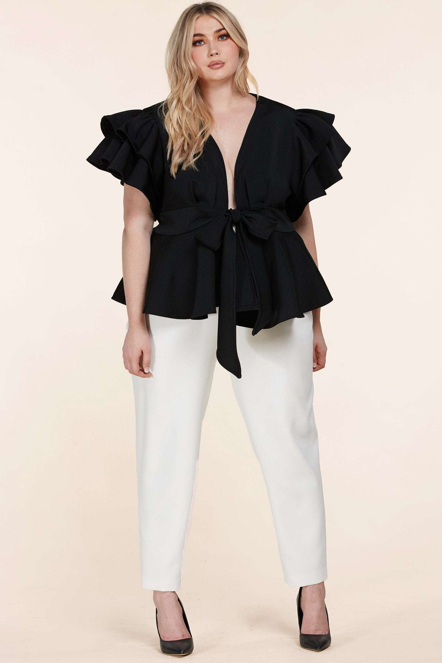 Fasheabe Plus Size Black Ruffle Plunging V-Neck Fit and Flare Top Fasheabe