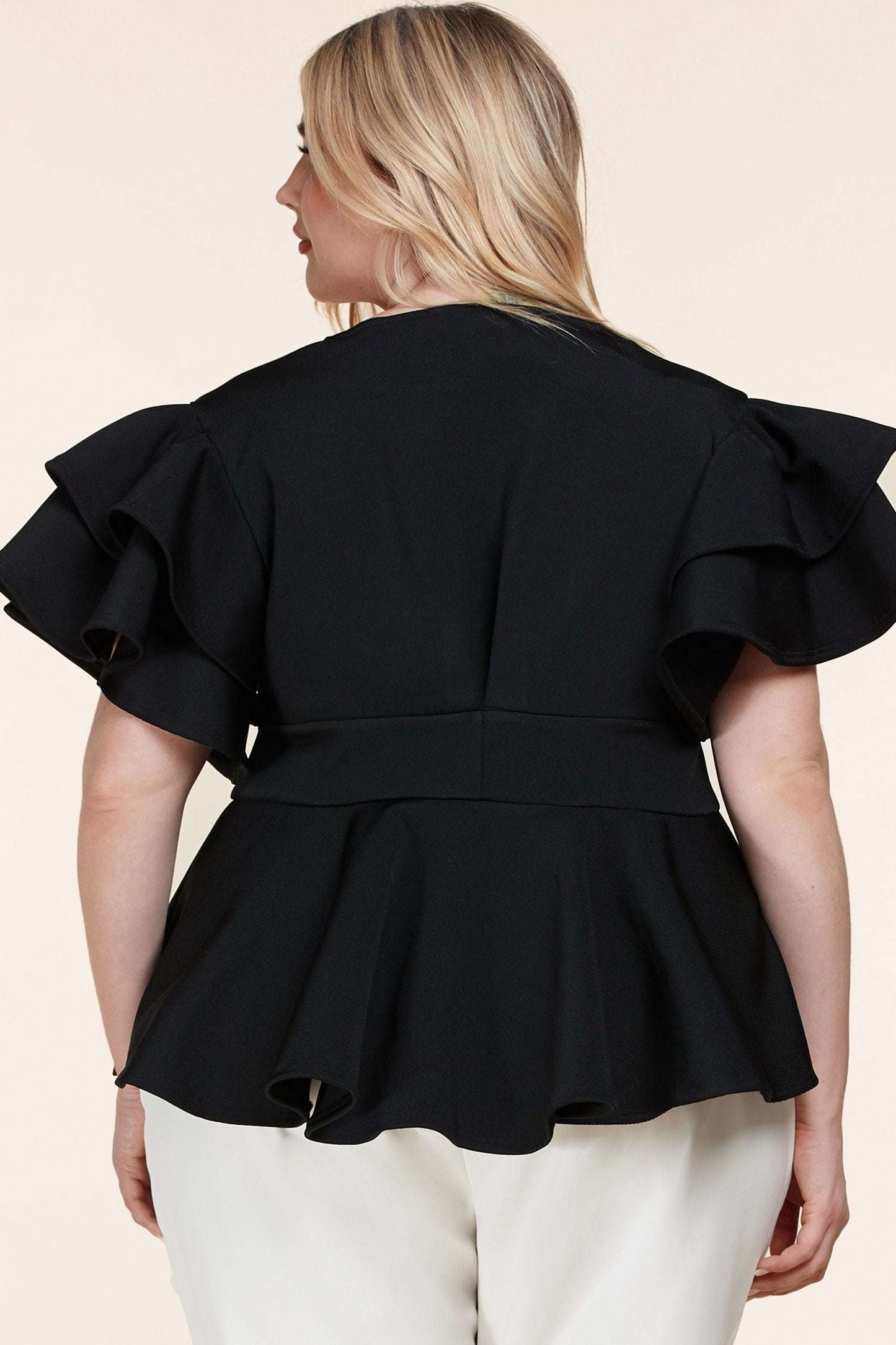 Fasheabe Plus Size Black Ruffle Plunging V-Neck Fit and Flare Top Fasheabe