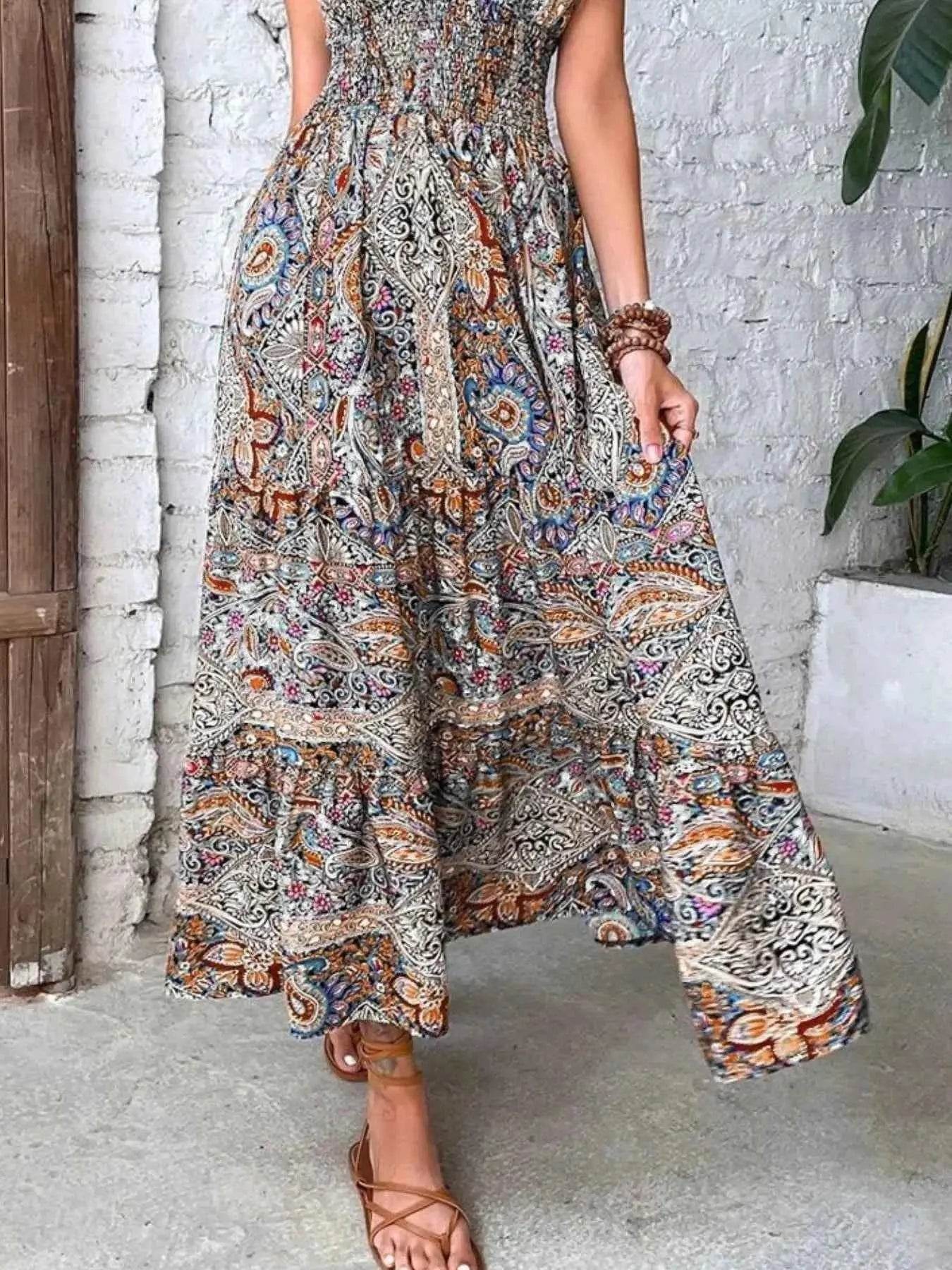 Plus Size Printed V-Neck Short Sleeve Midi Dress - GiFTiFY