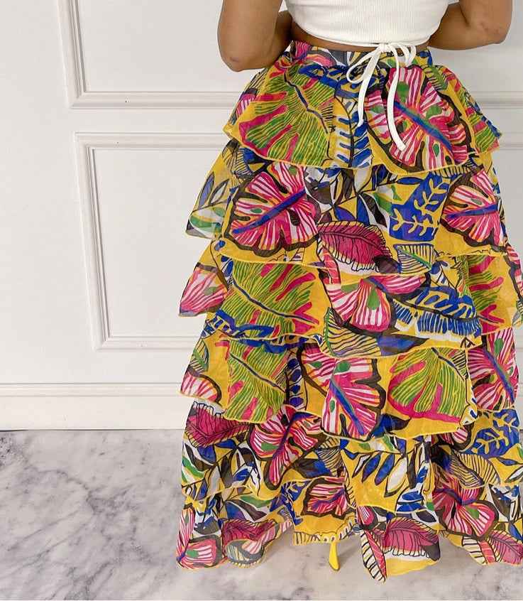 Blissful Views Printed Ruffled High Low Skirt