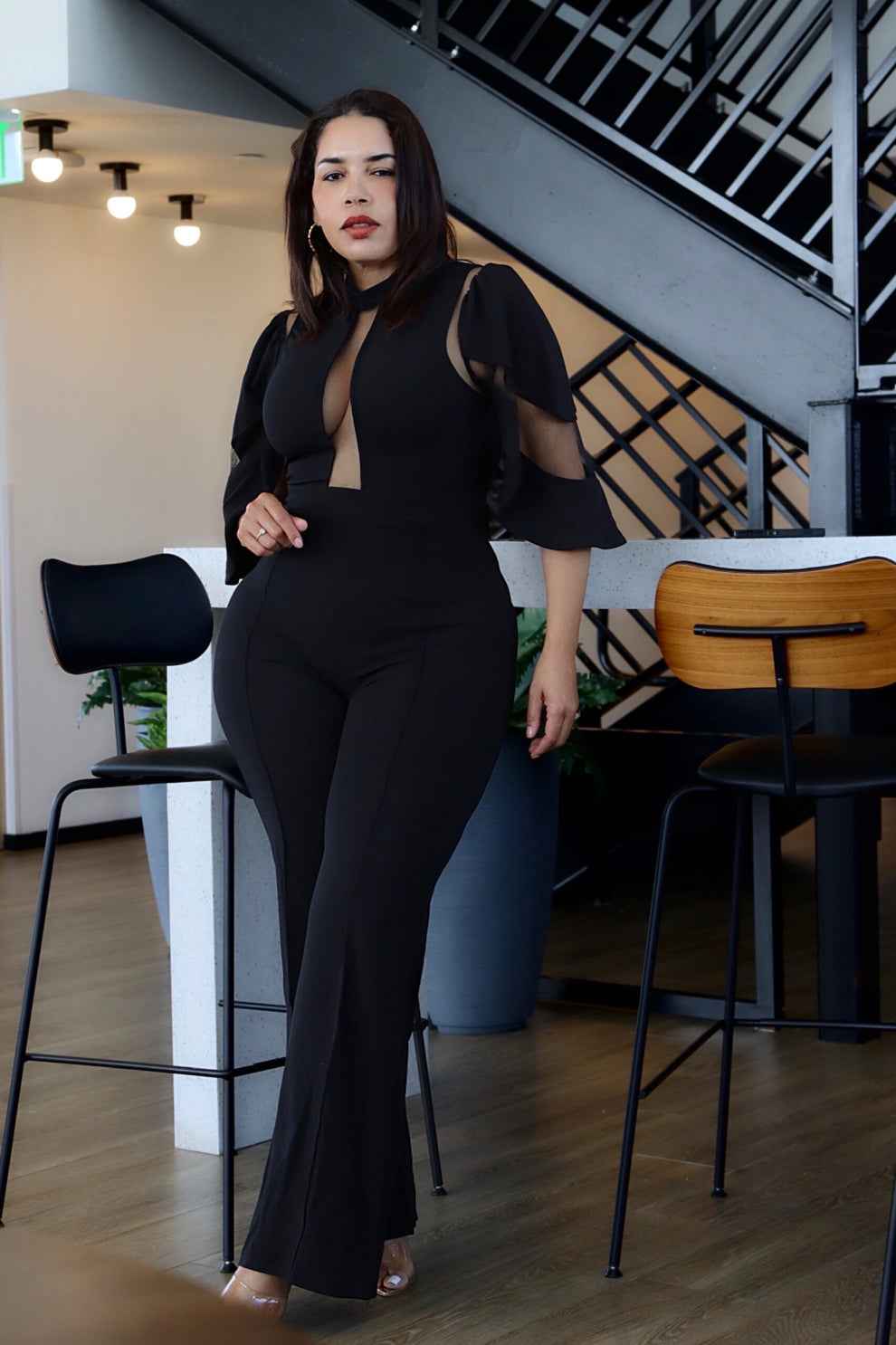 La Mesh Inserted Fashion Jumpsuit