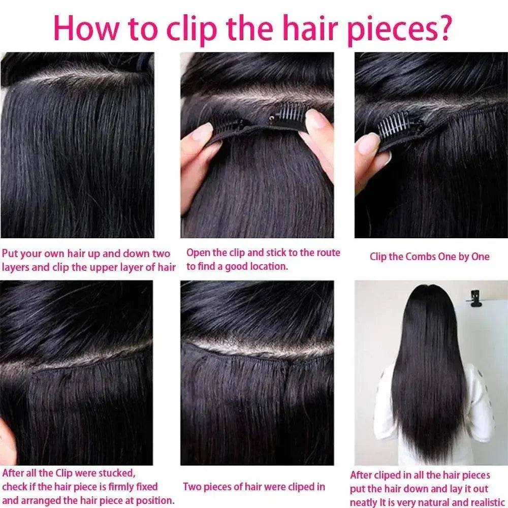 Straight Human Hair Extensions Brazilian Natural Seamless Clip ins Human Hair Extensions 16-26 Inch Full Head For Women - GiFTiFY