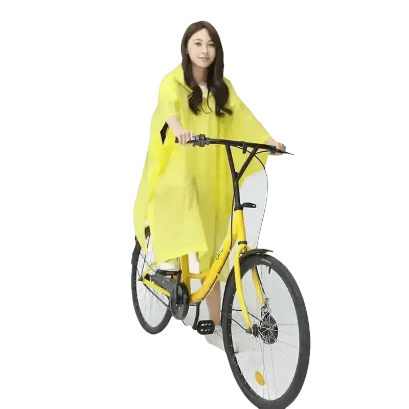 Woman in Colorful Waterproof Long Raincoat on Yellow Bicycle - GiFTiFY