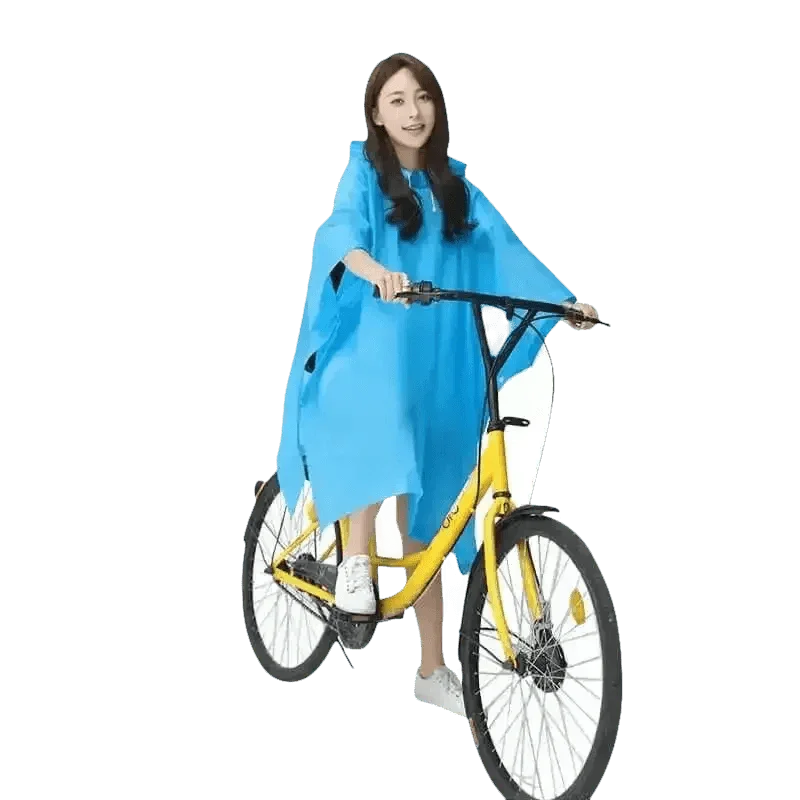 Woman in Colorful Waterproof Long Raincoat on Yellow Bicycle - GiFTiFY