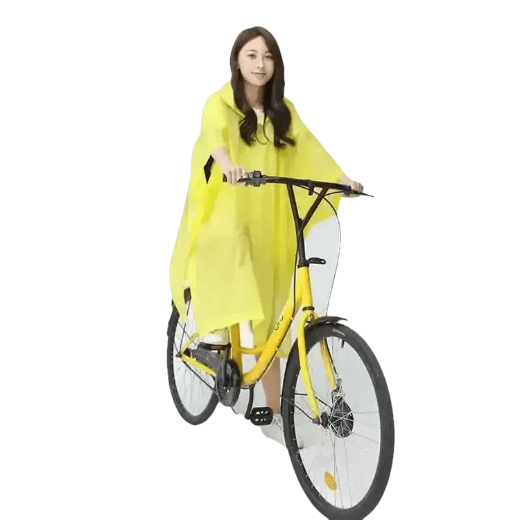 Woman in Colorful Waterproof Long Raincoat on Yellow Bicycle - GiFTiFY
