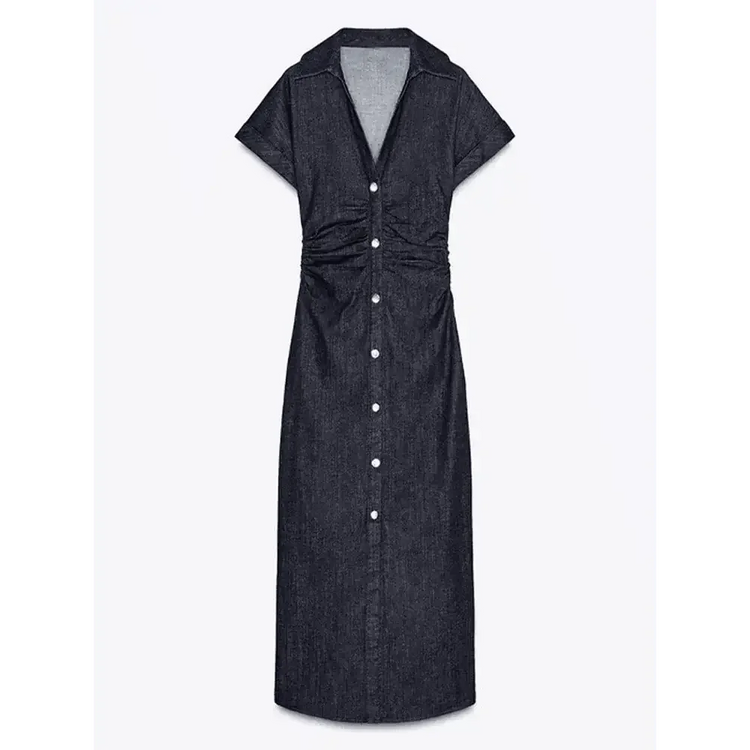 Women Denim V-neck Short Sleeved Long Dress Chic Slim Fit Single Breast Slit Vestidos New High Street Casual Solid Commuter Gown - GiFTiFY