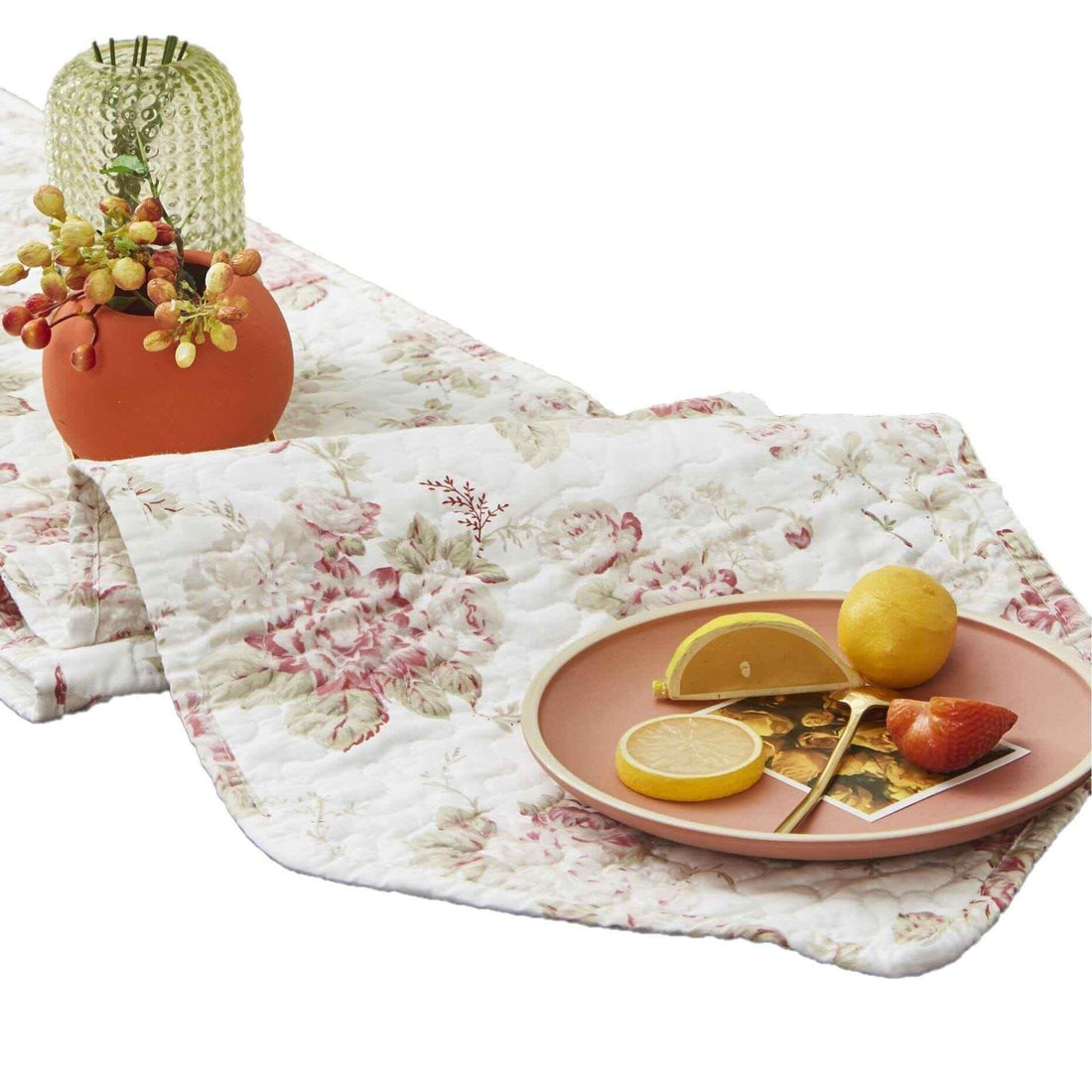 DaDa Bedding Hint of Mint Cottage Floral Roses Quilted Cotton Dining Table Runner (3036) Table Runne