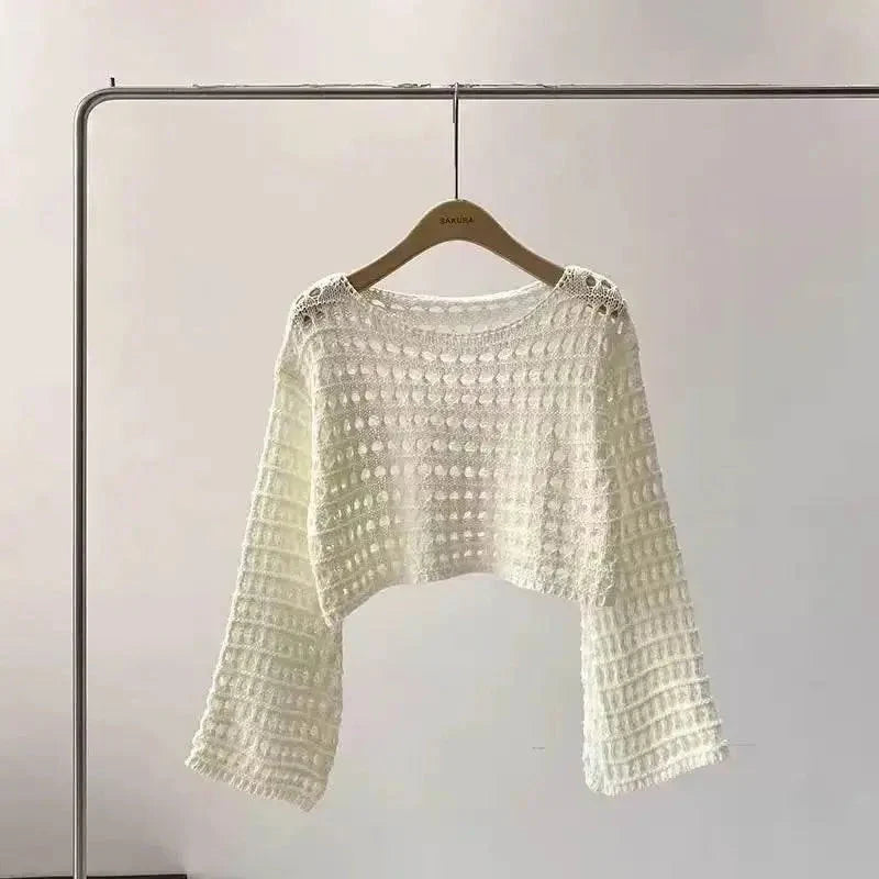 Boho crochet knit crop top styled for summer beach wear