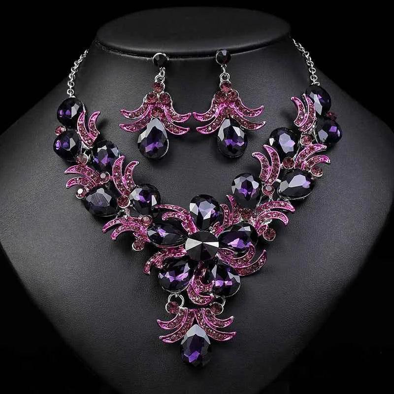 Luxury purple crystal flower jewelry set with rhinestone stud earrings and necklace