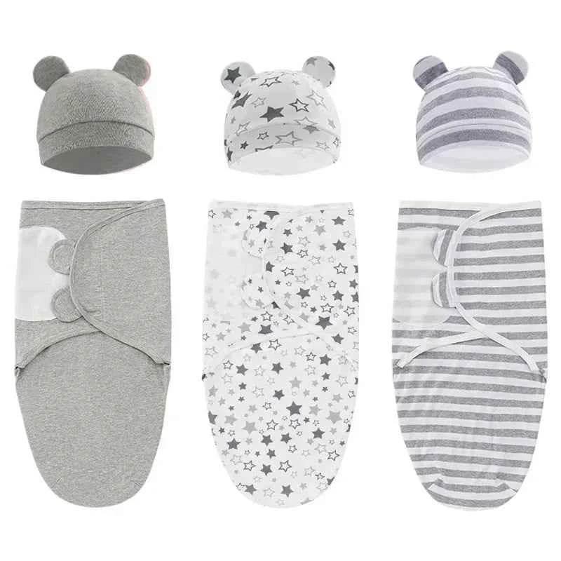 100% Organic Cotton Baby Swaddle Blanket Wrap Hat Set for Infant Adjustable Newborn Swaddle Baby Swa