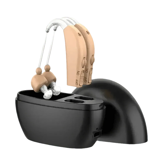 Beige rechargeable hearing aids with charging case
