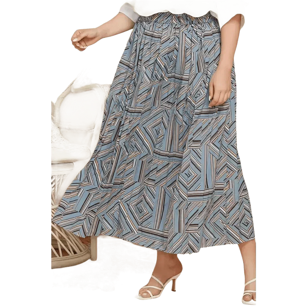 Blue geometric pleated skirt in deep teal, basic length styling