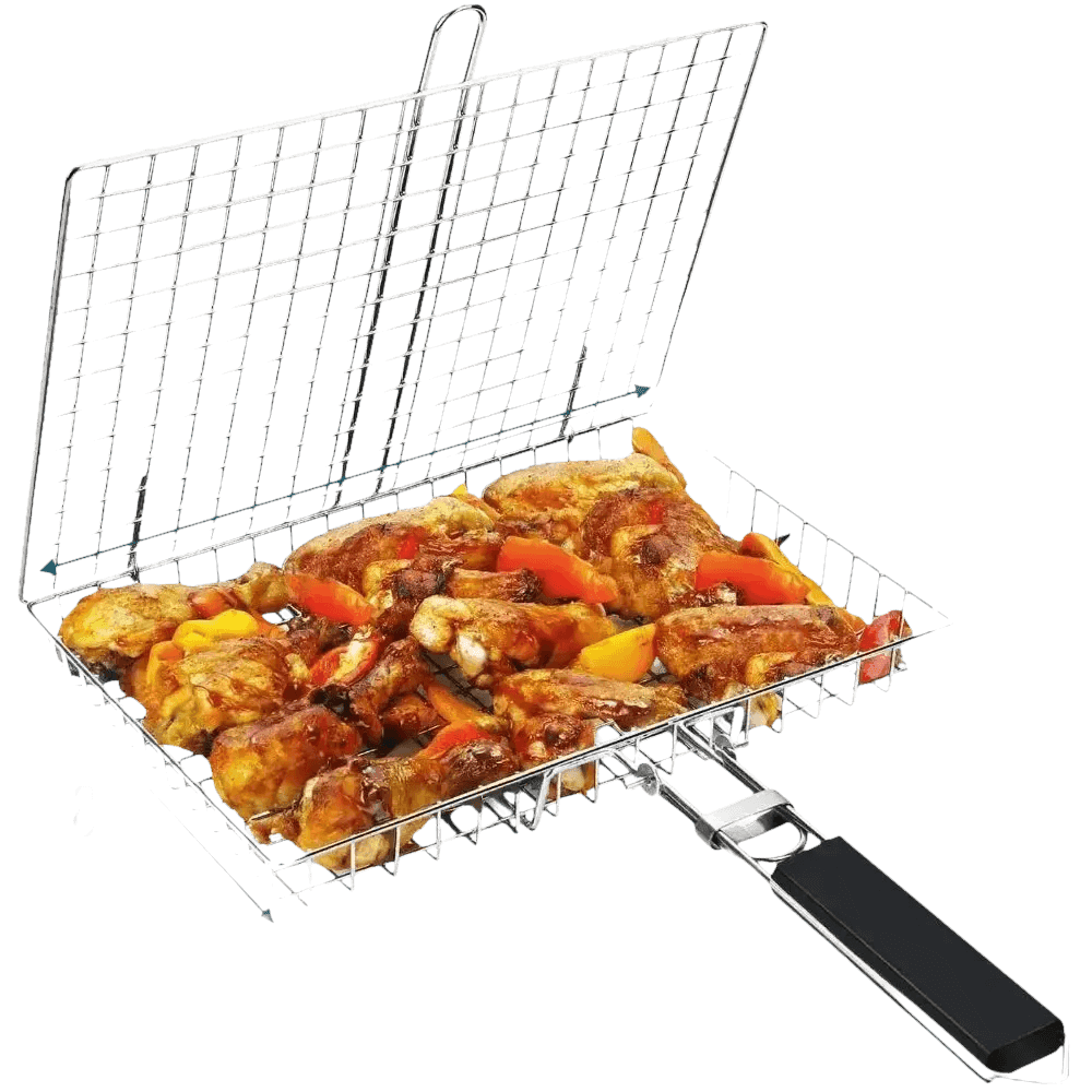 Folding stainless steel BBQ grill basket filled with cooked food