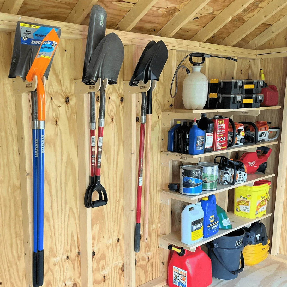 Deluxe garden tool organizer kit with wall-mounted racks for shovels and rakes