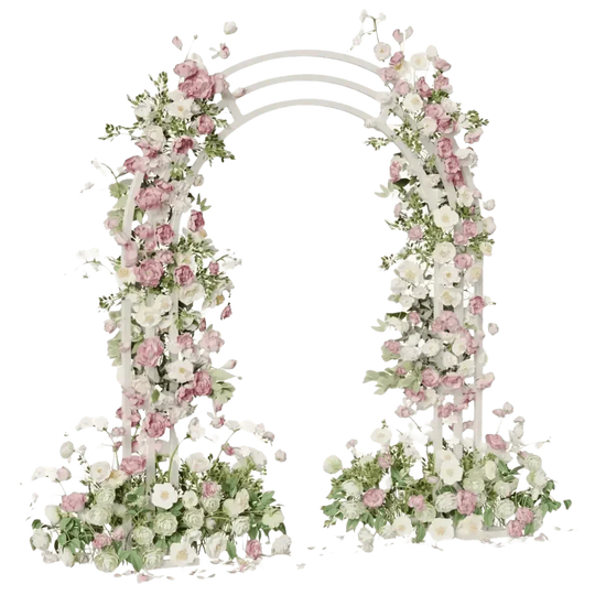 Metal wedding arch with floral decoration set up for a ceremony