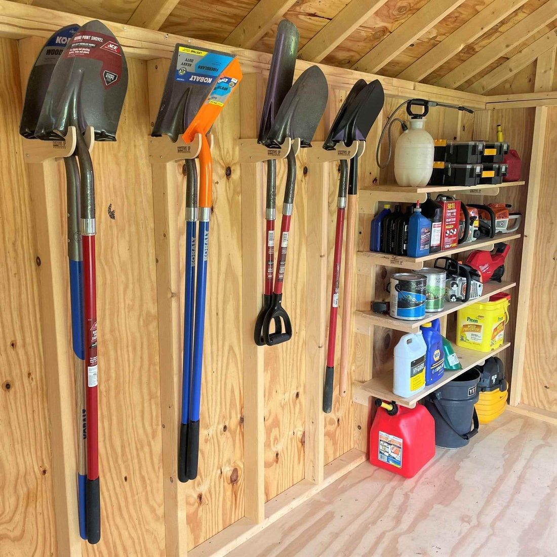 Max shed organization kit with garden tool racks and shelf brackets