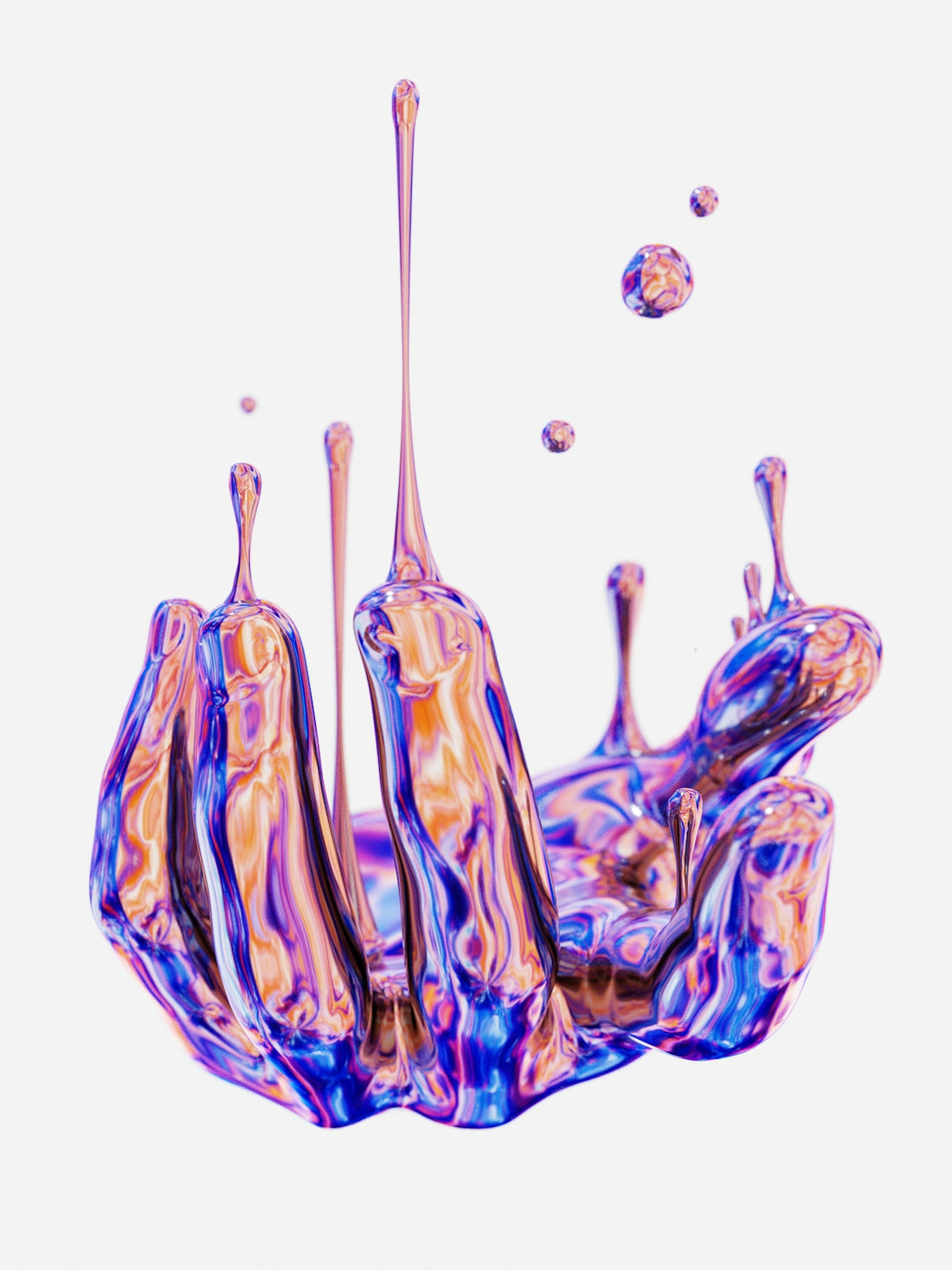 A crown-shaped splash of iridescent liquid with blue and orange reflections