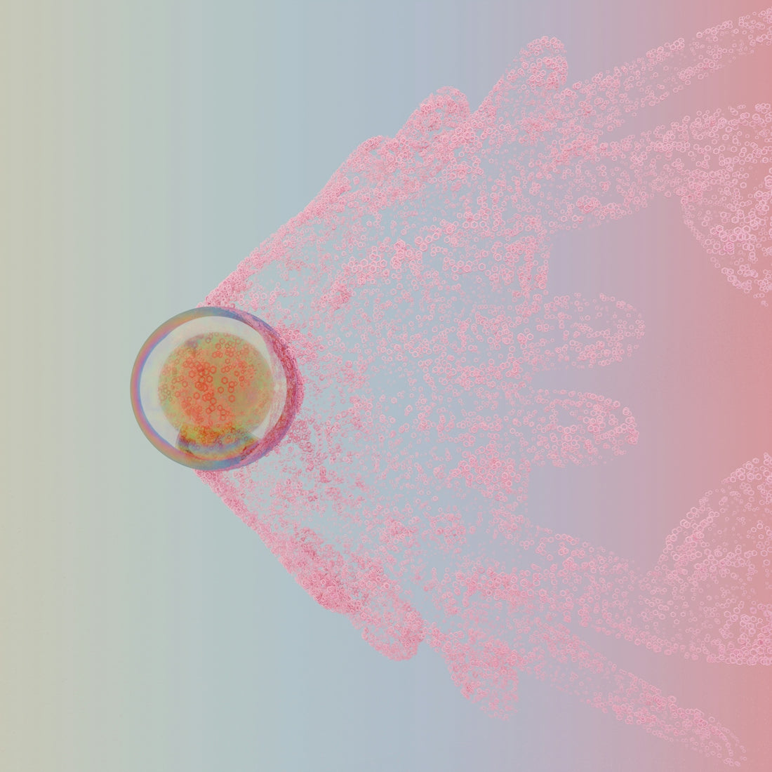 a pink and blue background with a bowl of food