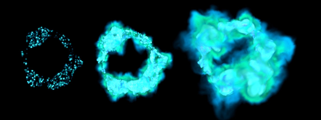 A black background with blue and green shapes