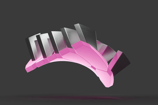 A pink and silver logo on a black background