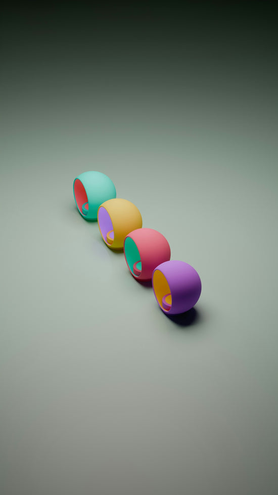 Colorful objects arranged in a row.