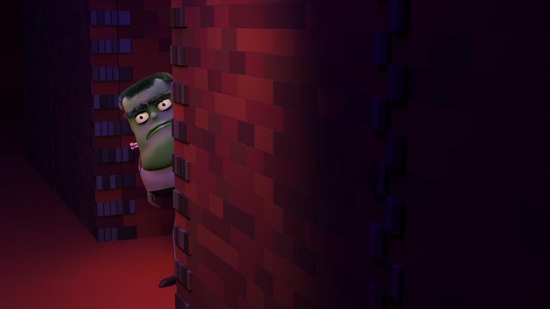 Green monster peeking around a brick wall.