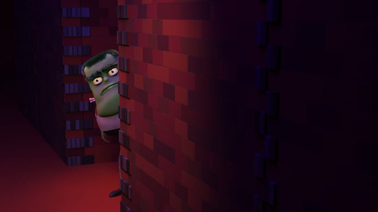 Green monster peeking around a brick wall.