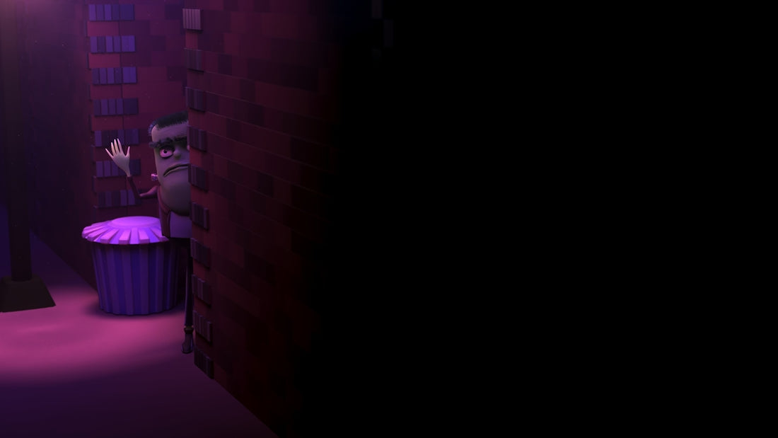 A raccoon peeks around a brick wall at night.