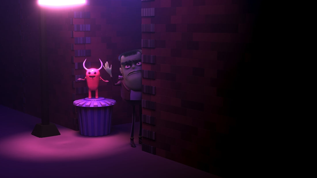 Pink devil figure on pedestal under lamp