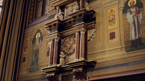 Ornate architectural details with religious murals