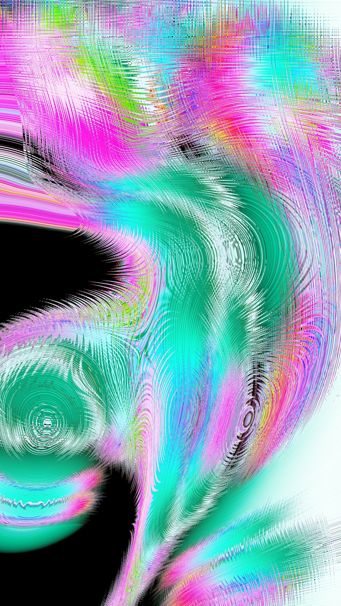 Abstract swirl of pink, teal, and white colors.