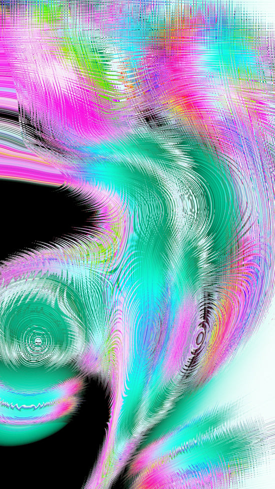 Abstract swirl of pink, teal, and white colors.