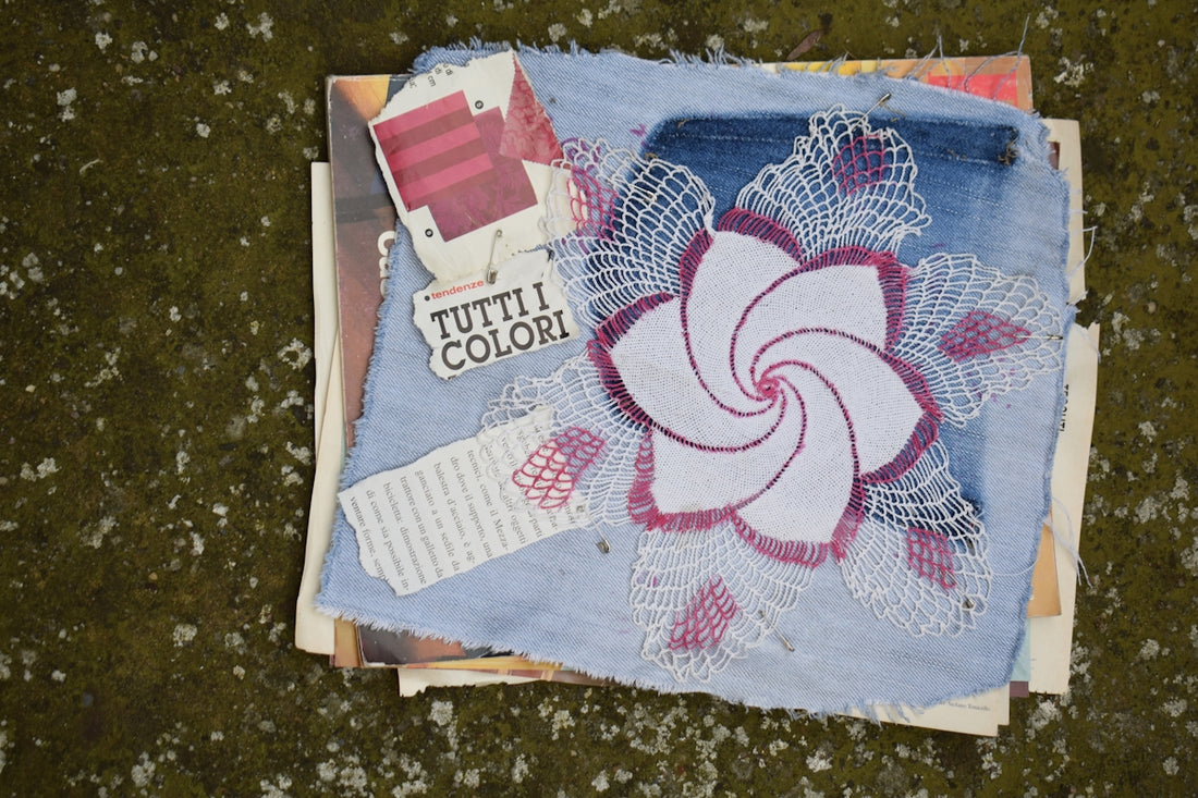 Fabric collage with flower and text