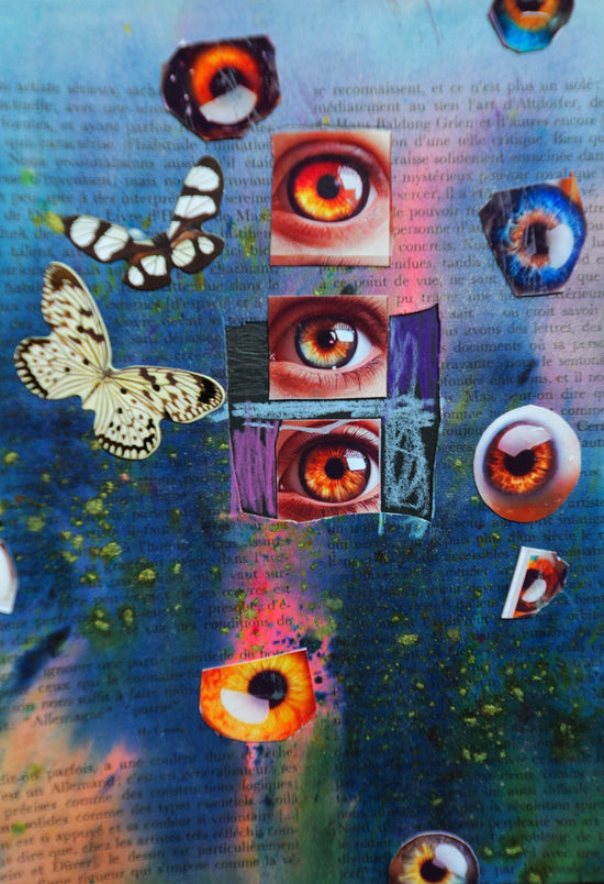 Collage of eyes and butterflies on blue background
