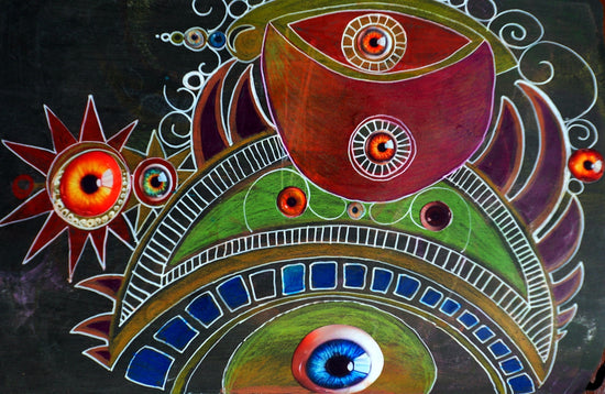 Abstract artwork featuring multiple colorful eyes