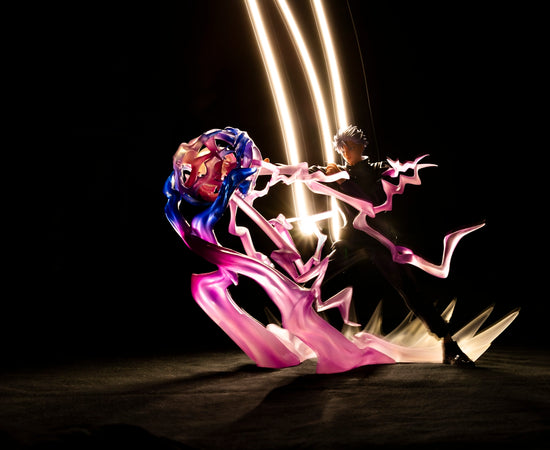 Performer with glowing pink and blue energy effects