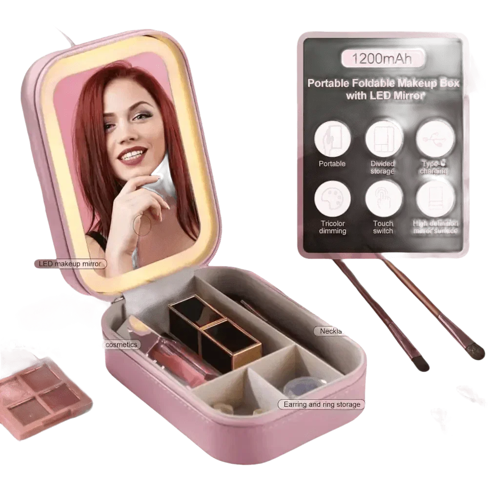 Portable foldable LED makeup mirror travel box open on a counter
