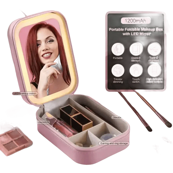 Portable foldable LED makeup mirror travel box open on a counter